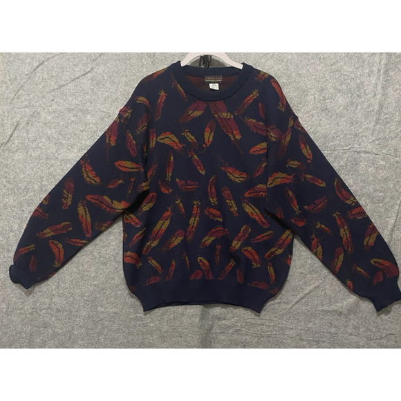 Culwell & Son Wool Sweater Mens XL Blue Leaves‎ Crewneck Pullover Academia - Picture 1 of 7